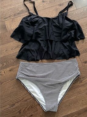 Black Ruffle Tankini Top with Black & White Striped High-Waist Bottoms
